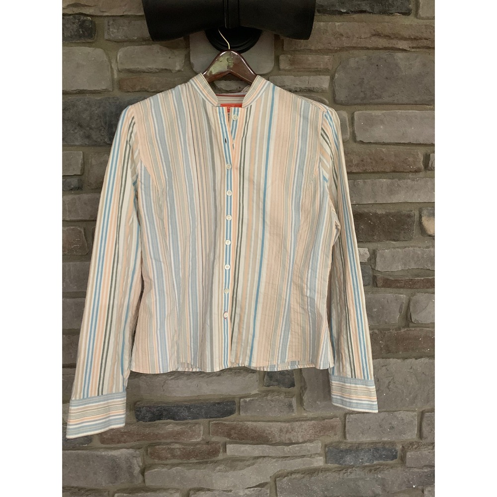 Faconnable Jeans Striped Cotton Button Down Shirt Mandarin Collar Retro M
